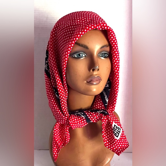 Givenchy Vintage Red Blue Silk Logo Scarf - Picture 9 of 13